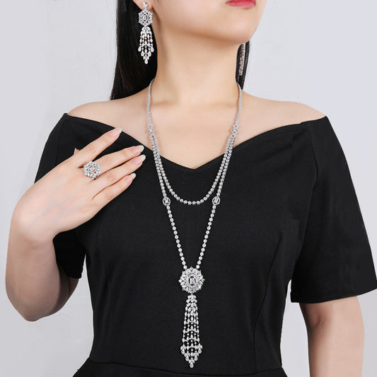 Bride talk Necklace four-piece set with full zircon stones, long tassel, high-end feel, exquisite dress sweater chain accessories