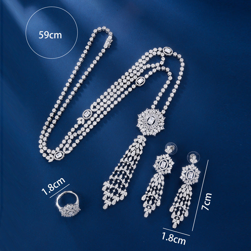 Bride talk Necklace four-piece set with full zircon stones, long tassel, high-end feel, exquisite dress sweater chain accessories