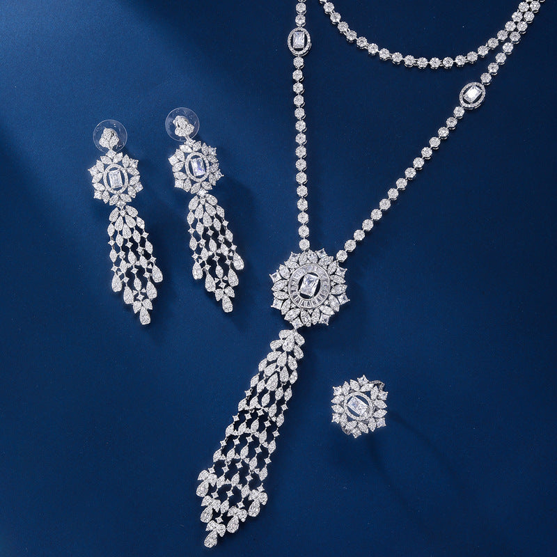 Bride talk Necklace four-piece set with full zircon stones, long tassel, high-end feel, exquisite dress sweater chain accessories