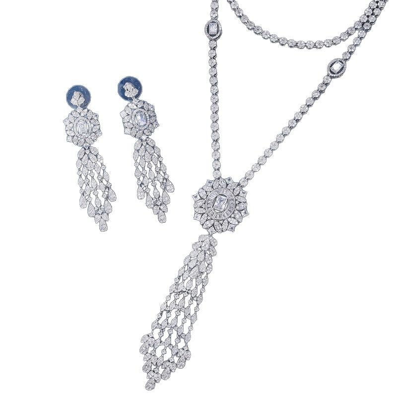 Bride talk Necklace four-piece set with full zircon stones, long tassel, high-end feel, exquisite dress sweater chain accessories