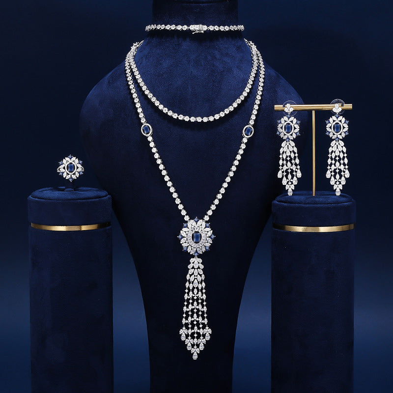 Bride talk Necklace four-piece set with full zircon stones, long tassel, high-end feel, exquisite dress sweater chain accessories