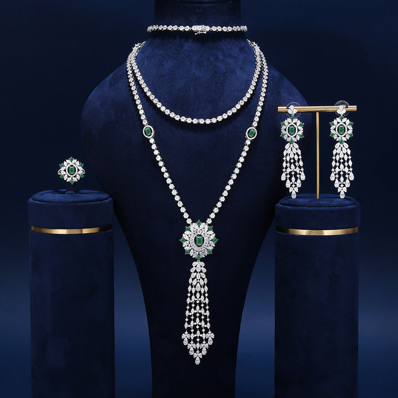 Bride talk Necklace four-piece set with full zircon stones, long tassel, high-end feel, exquisite dress sweater chain accessories