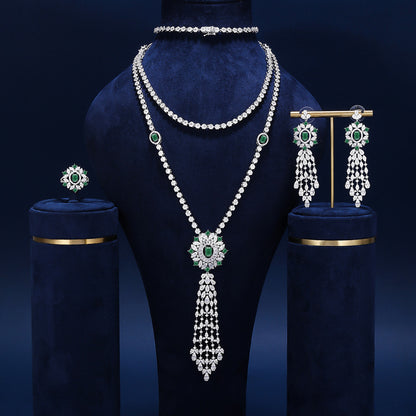 Bride talk Necklace four-piece set with full zircon stones, long tassel, high-end feel, exquisite dress sweater chain accessories