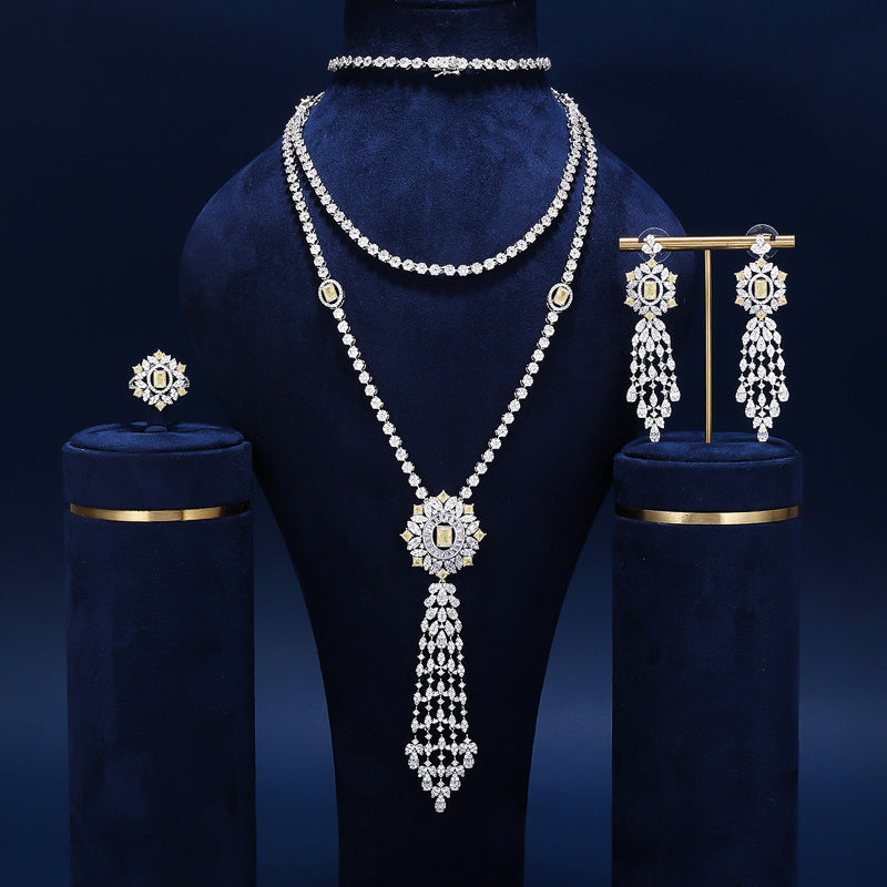 Bride talk Necklace four-piece set with full zircon stones, long tassel, high-end feel, exquisite dress sweater chain accessories