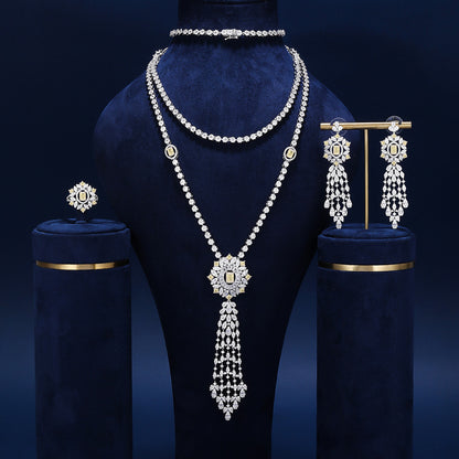 Bride talk Necklace four-piece set with full zircon stones, long tassel, high-end feel, exquisite dress sweater chain accessories